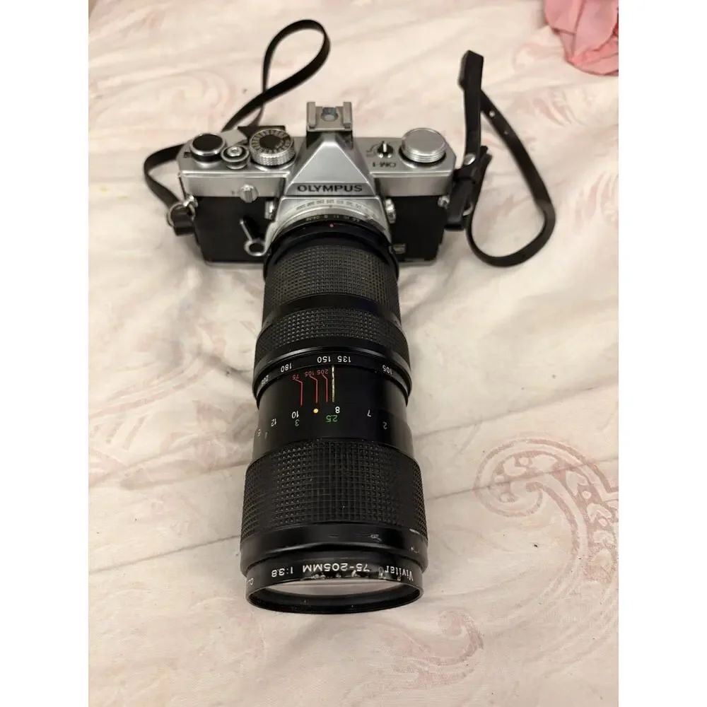 Olympus OM-1 Film Camera W/ Vivitar 75-205mm F3.8 Auto Focus Lens And Arm Sling